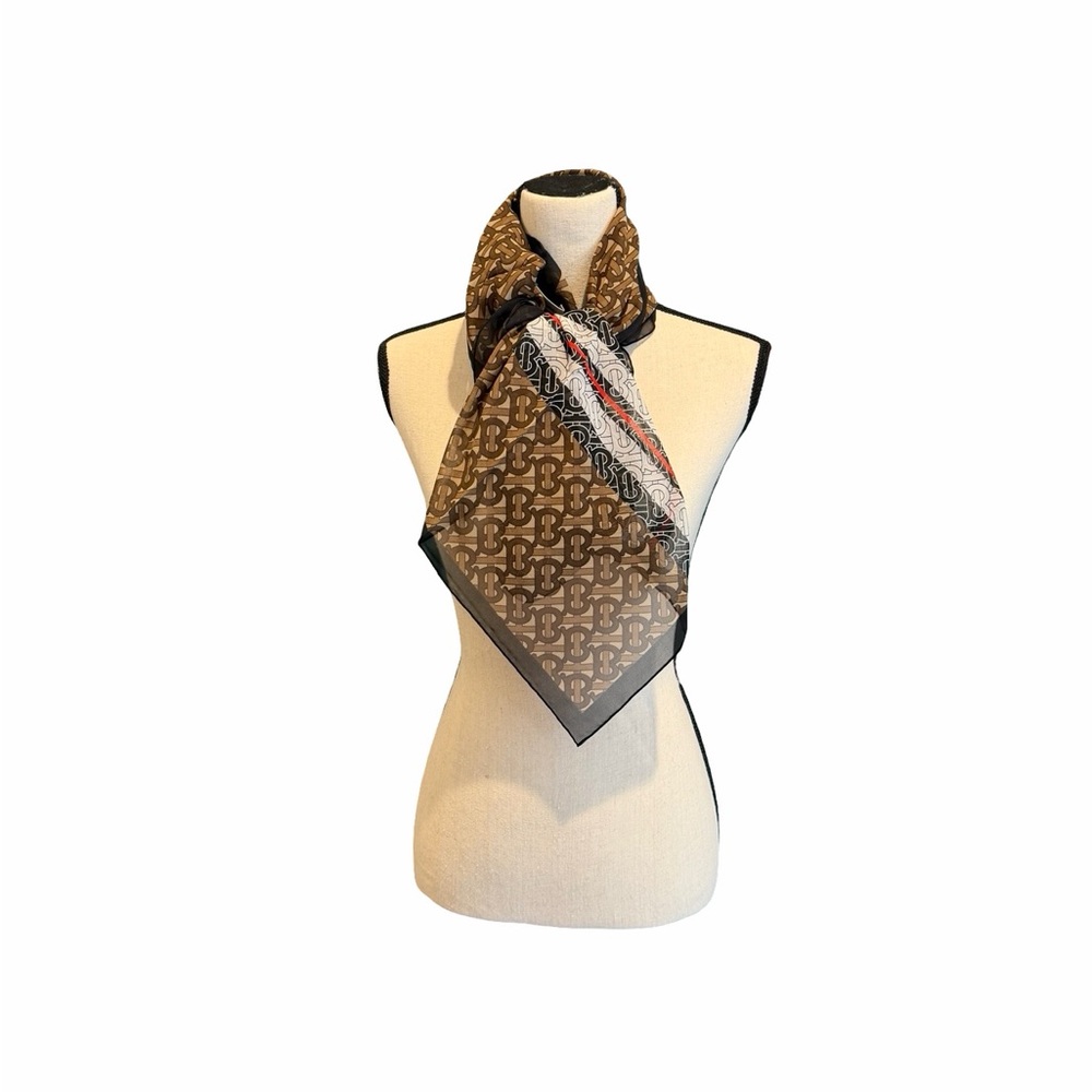 NEW Burberry TB Monogram Bridle Brown Silk Scarf - Picture 5 of 9